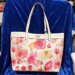 GUESS Floral Watercolor Tote in White with Pink and Yellow Blooms